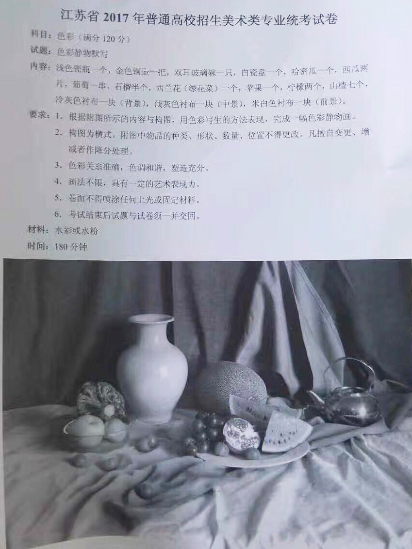 2017年江蘇美術(shù)聯(lián)考考題【素描/速寫/色彩】統(tǒng)考考試題目
