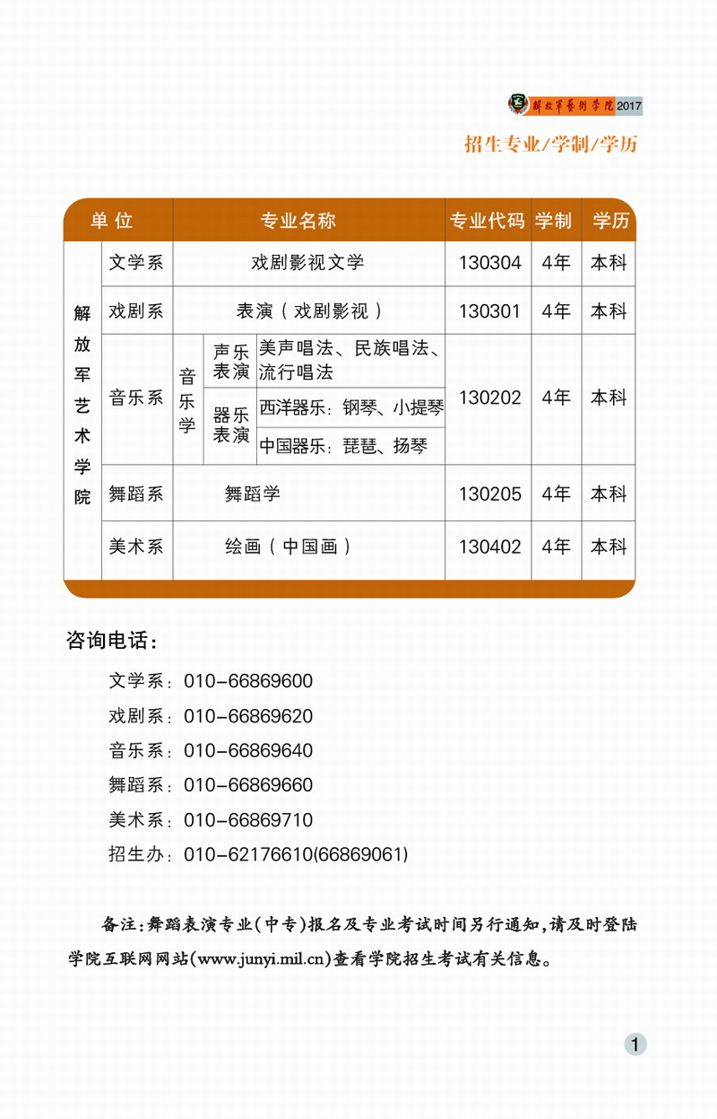 解放軍藝術學院2017年藝術類招生簡章