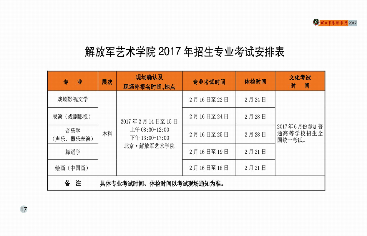 解放軍藝術學院2017年藝術類招生簡章