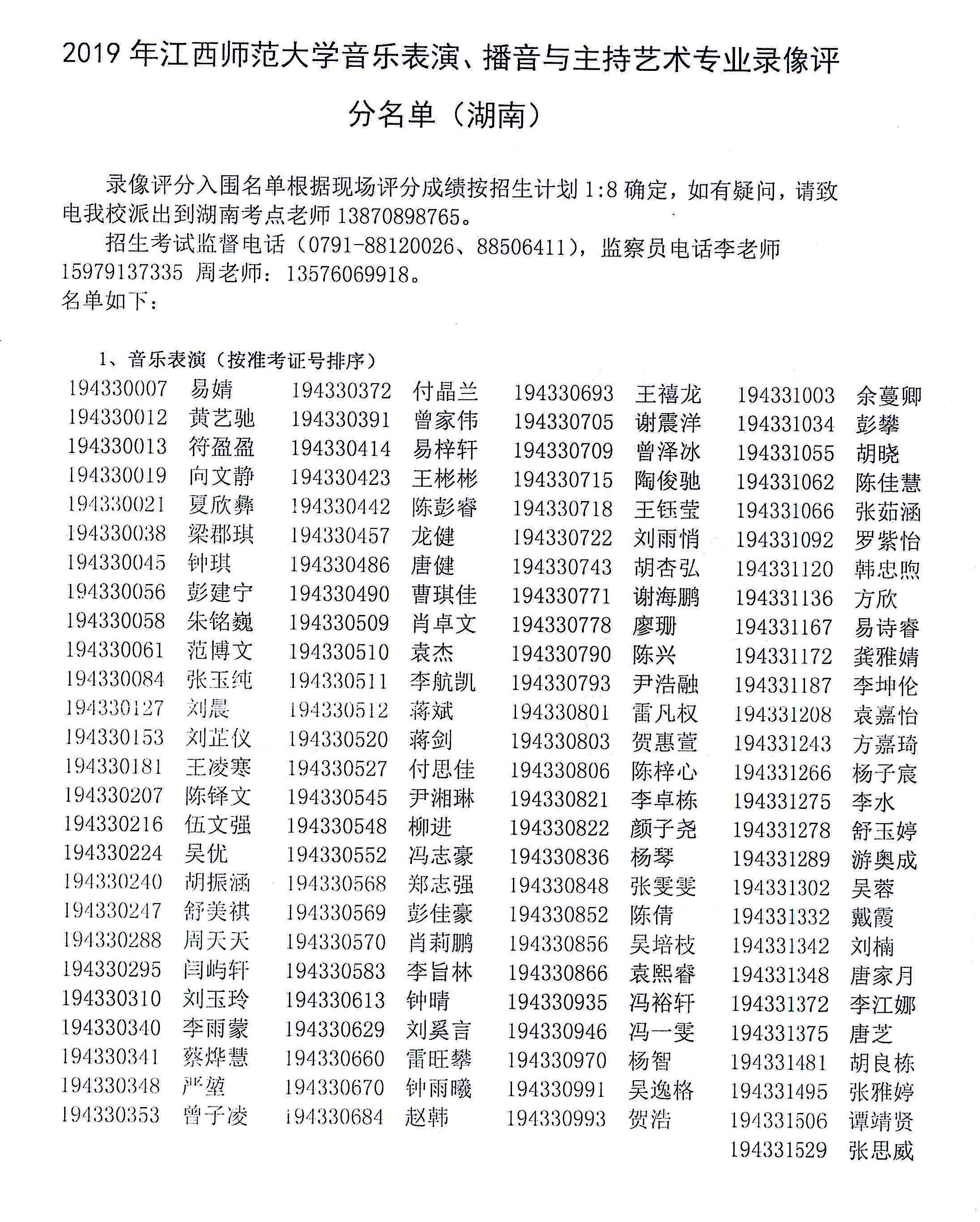 江西師范大學(xué)2019年音樂表演、播音與主持藝術(shù)專業(yè)錄像評分名單湖南
