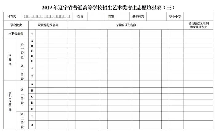 2019年遼寧藝術類批次志愿填報樣表