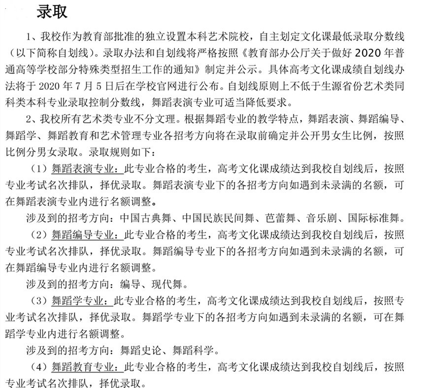 北京舞蹈學院2020年本科錄取規(guī)則