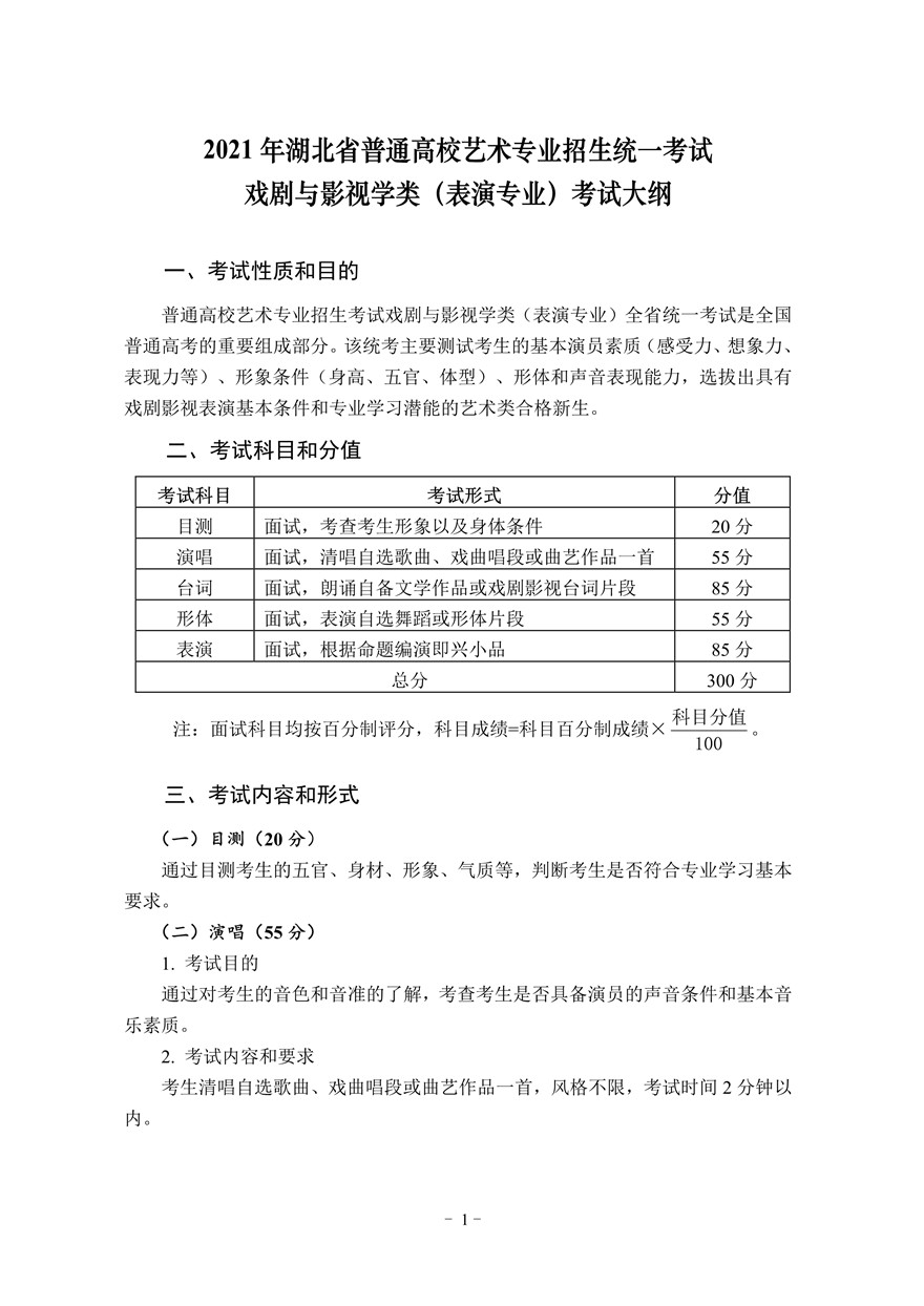 2021年湖北省表演專業(yè)統(tǒng)考考試大綱