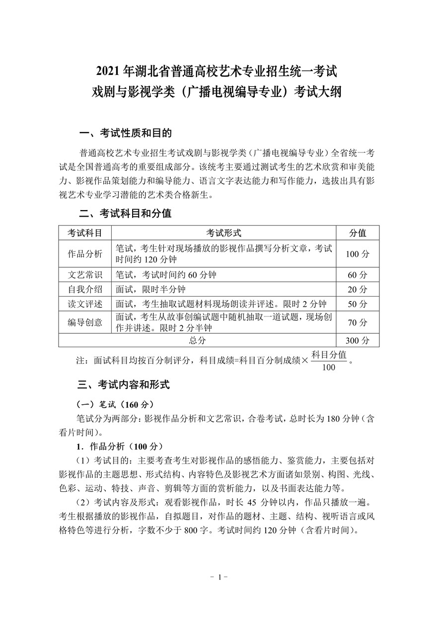 2021年湖北省廣播電視編導(dǎo)專業(yè)統(tǒng)考考試大綱